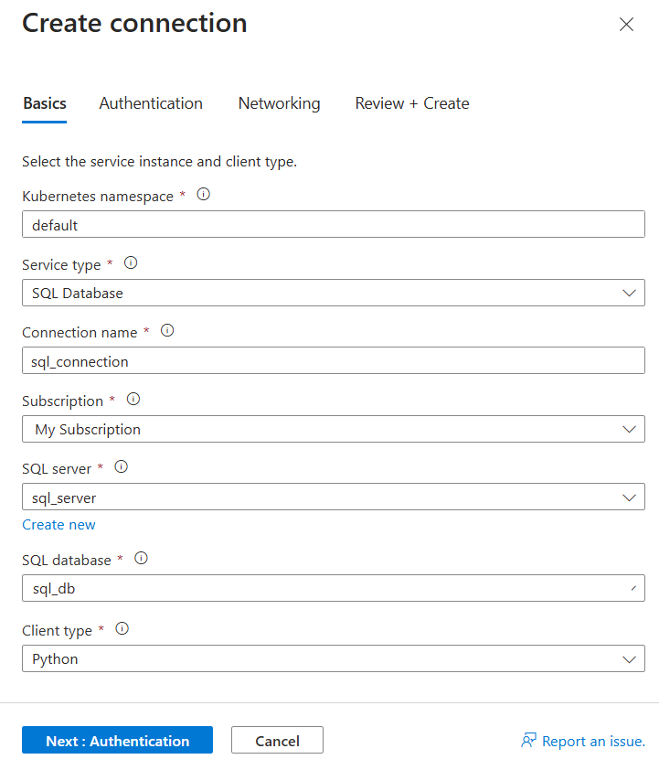 Screenshot of the Azure portal showing the form to create a new connection to a SQL database in AKS.