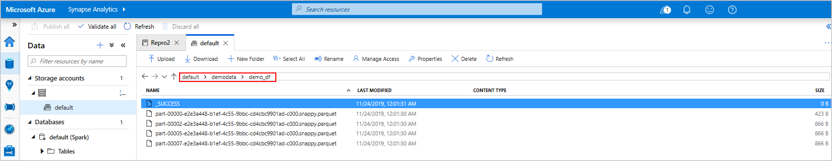 Screenshot that highlights default > demodata > demo_df path.