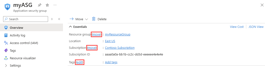 Screenshot that shows changing an application security group in the Azure portal.