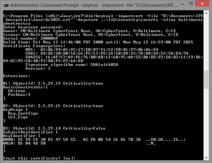 Command Line Screenshot for Baltimore Certificate