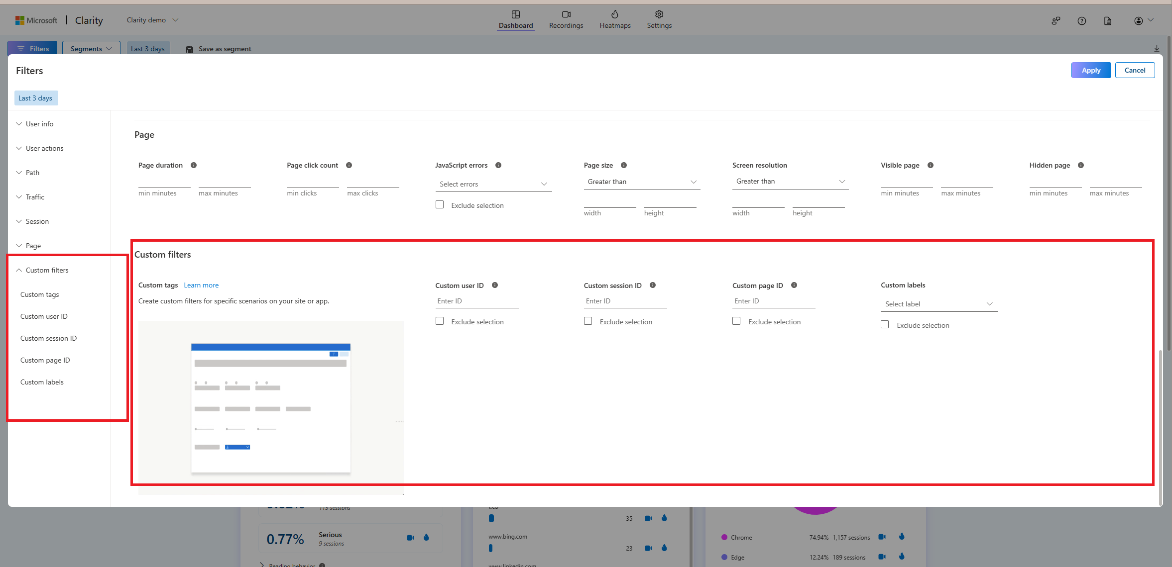 Filters with custom criteria.