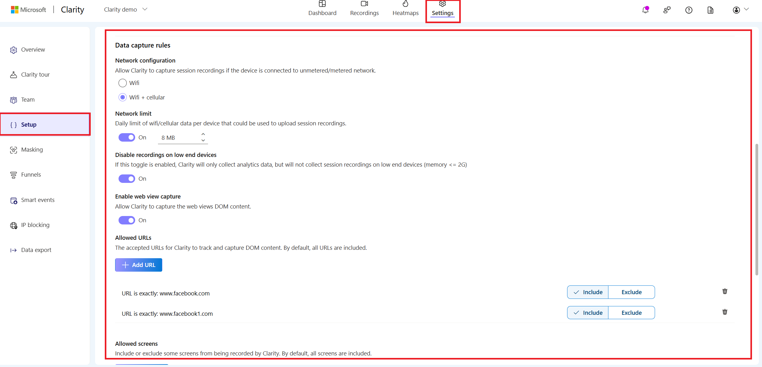 SDK data capture rules in settings.