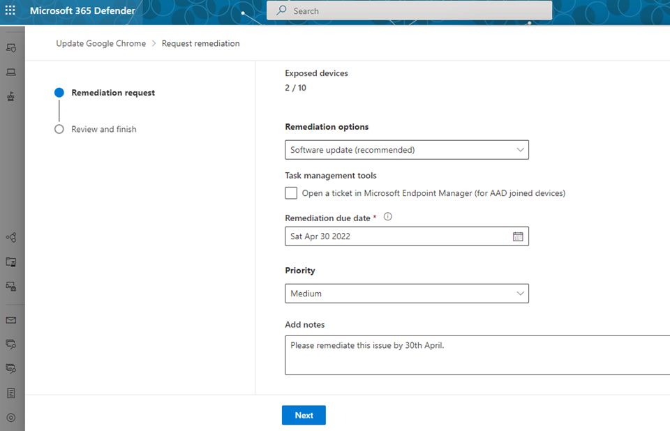 Request remediation for selected vulnerability screen 3.