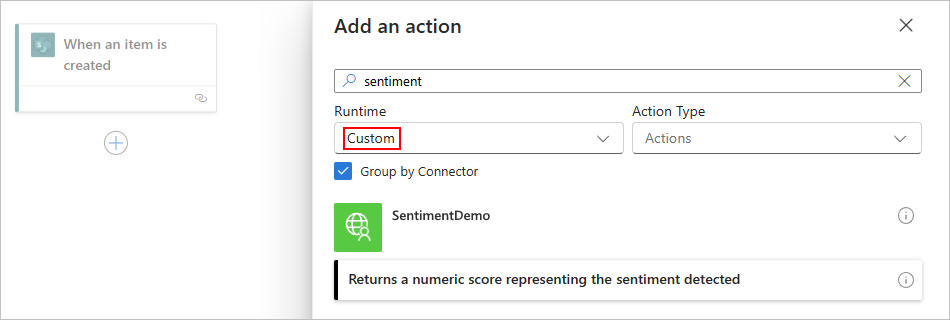 Screenshot shows Consumption workflow and action available for SentimentDemo custom connector.