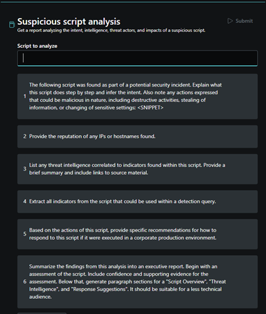 Screenshot shows suspicious script analysis in a promptbook.