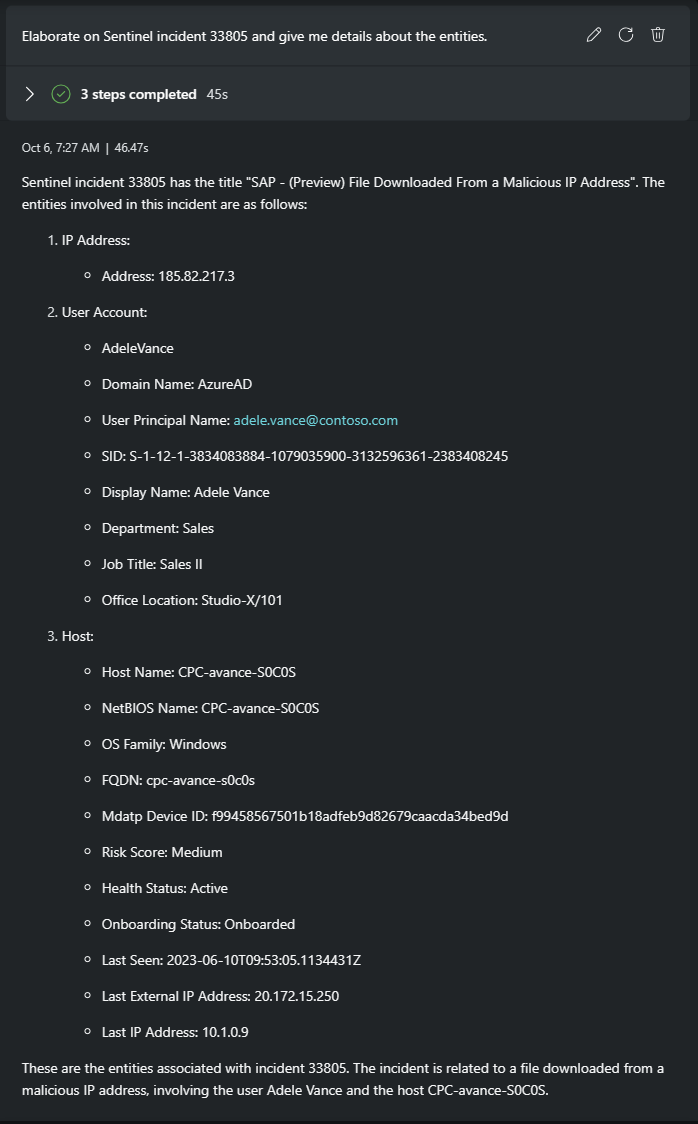 Screenshot showing Microsoft Sentinel incident summary.