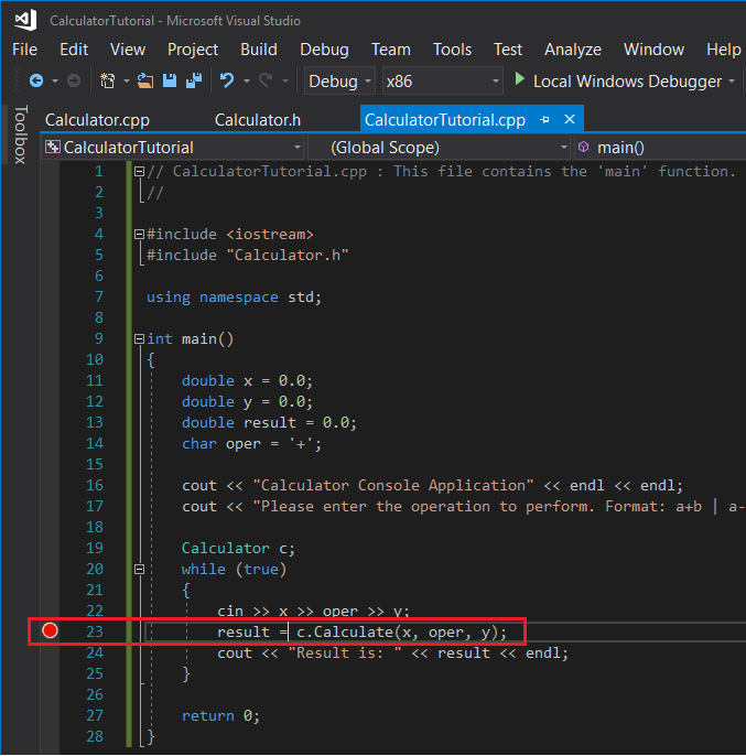 Screenshot of the user setting a breakpoint on line 23: result = c.Calculate(x, oper, y);.