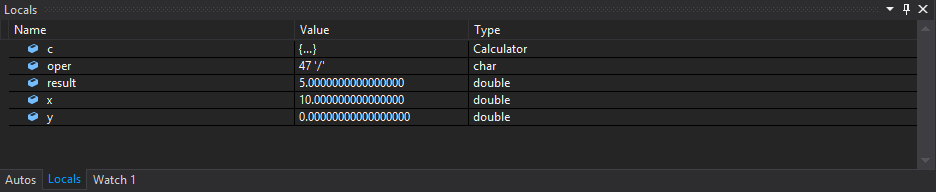 Screenshot of the Locals window in Visual Studio, displaying the current values of local variables while debugging.