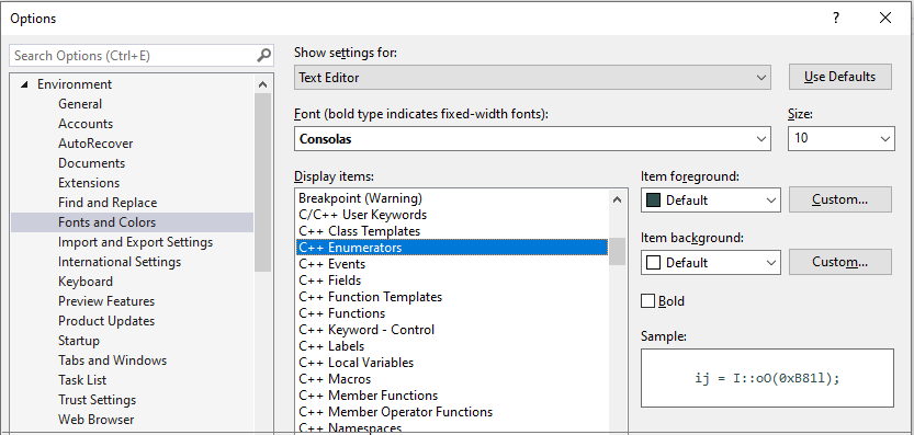 Screenshot of C++ font and color options that shows you can set colors for C++ code elements such as enums, functions, keywords, macros, and so on.