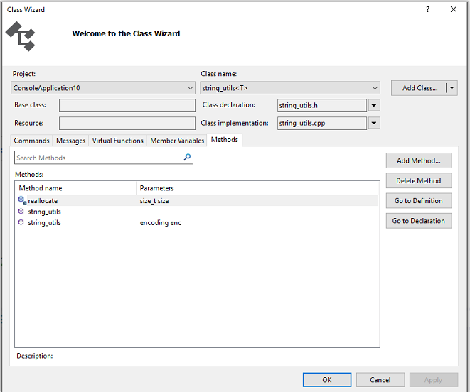 Screenshot of the C plus plus Class Wizard dialog box.