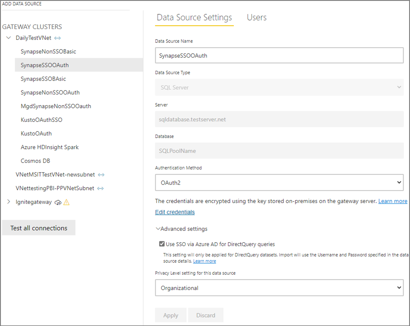 Screenshot of the Data Source Settings page with the data source settings filled out.