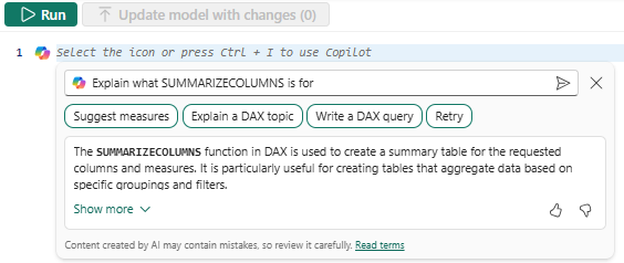 Screenshot showing a brief description of the SUMMARIZECOLUMNS DAX function.