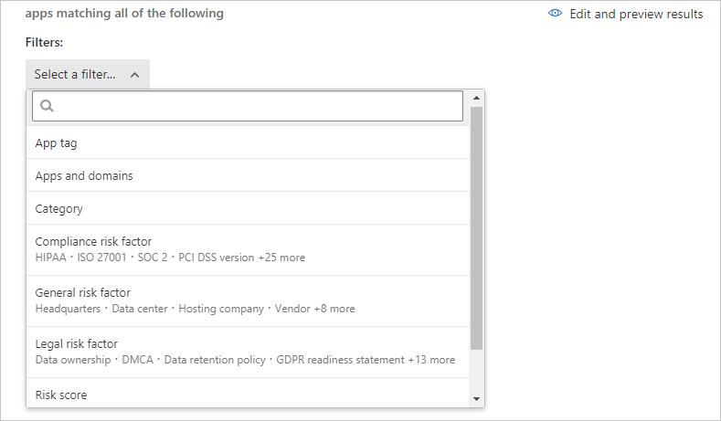 Screenshot that shows how to select a filter for the policy to apply to all matching applications.