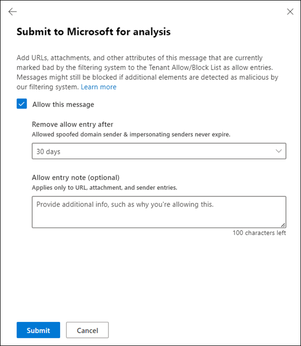 Choose whether to create a corresponding allow entry for the elements of the message in the Tenant Allow/Block List.