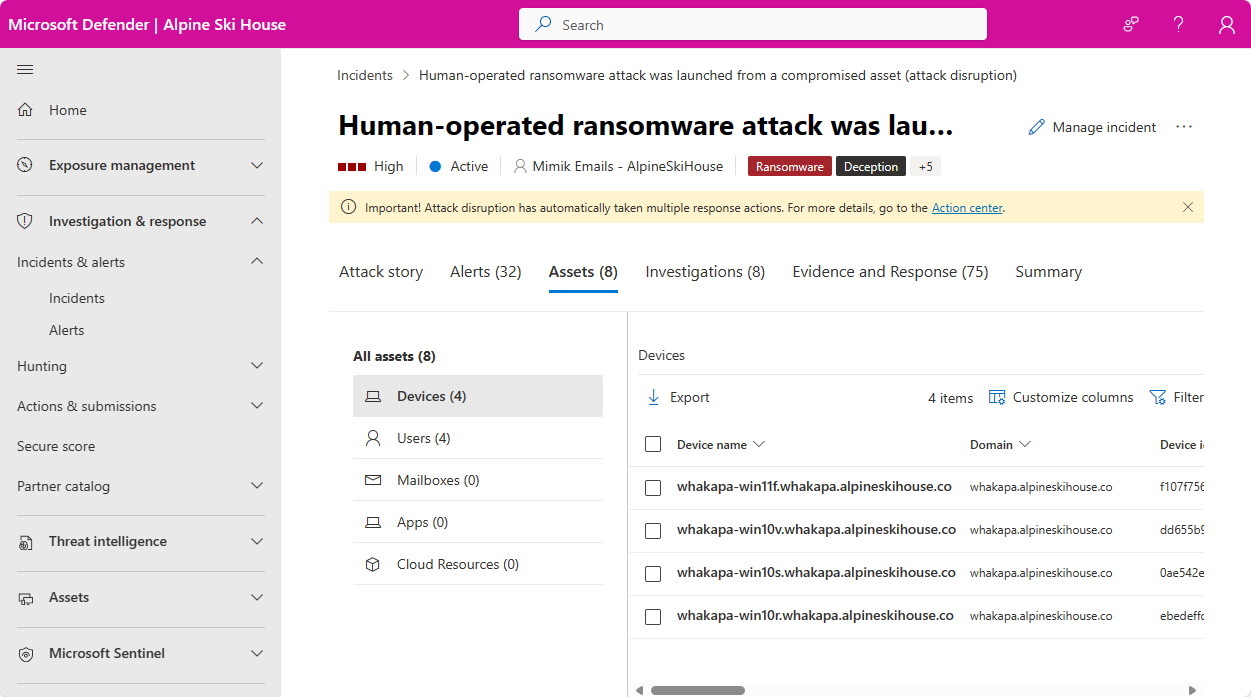 Screenshot of the Users page for an incident in the Microsoft Defender portal.