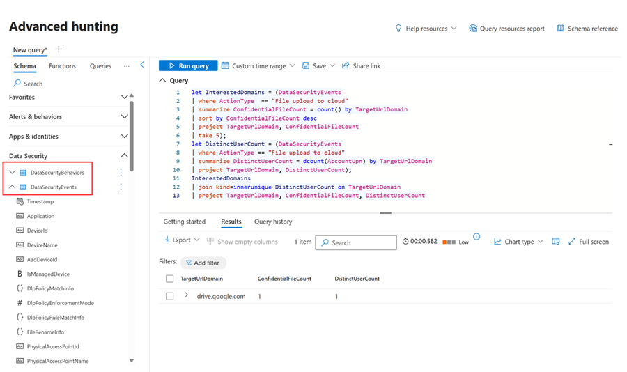 Advanced hunting page showing a query using the tables related to insider risk behaviors and events.