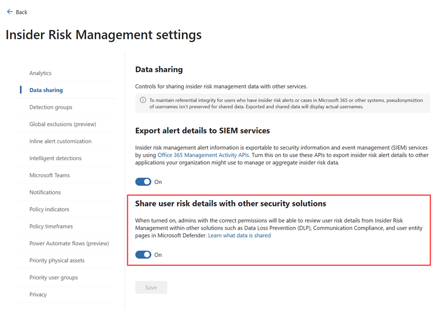 Highlighting the setting in the Microsoft Purview portal required for insider risk alerts to show in Defender XDR.