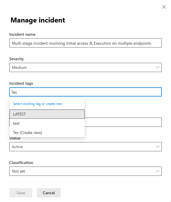 Screenshot showing how to create an incident tag in the Manage incidents pane.