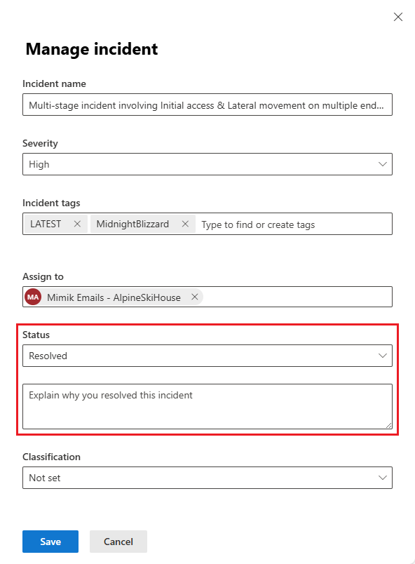 Screenshot of incident management panel with incident resolution note.