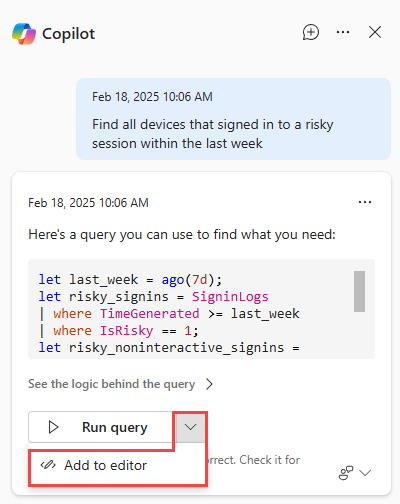 Screenshot of Security Copilot in advanced hunting showing the Add to editor option.