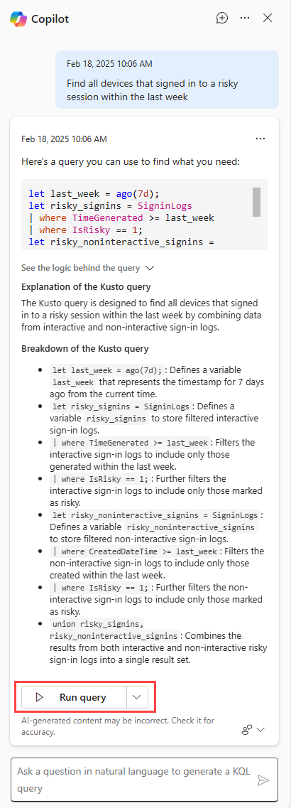Screenshot of Copilot button showing Run query option.