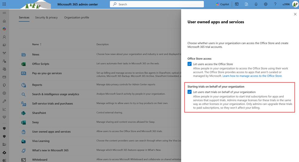 Screenshot of Microsoft Defender Vulnerability Management user trial setting.