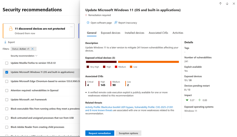 Example of a security recommendation flyout page.