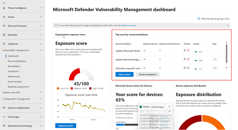 Screenshot of the vulnerability management dashboard with security recommendations highlighted.