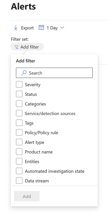 All the filters available in the Alerts queue in the Microsoft Defender portal