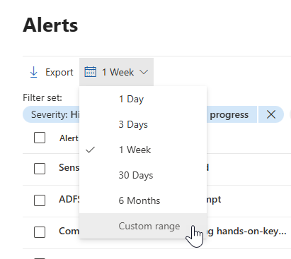 Highlighting the custom range option in the date and time picker in the Alerts queue.