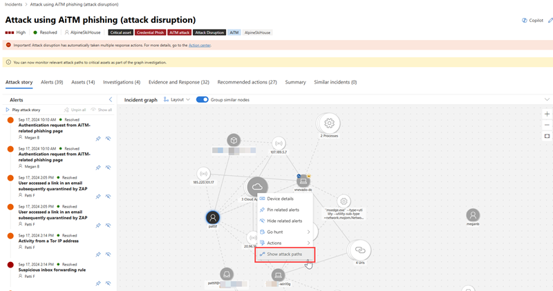 Highlighting the Show attack paths action in the incident graph.