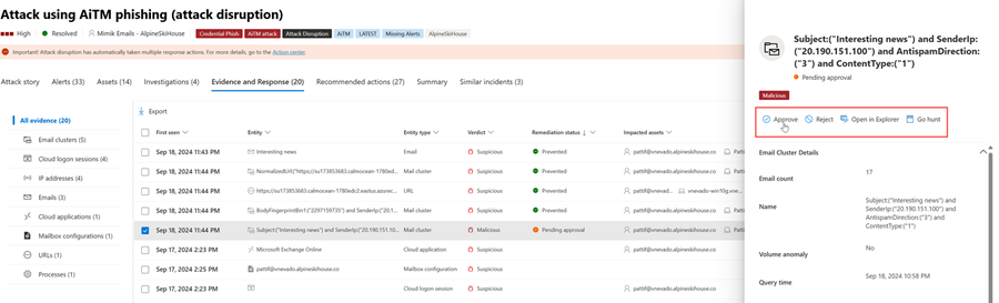 The Approve\Reject option in the Evidence and Response management pane for an incident in the Microsoft Defender portal.