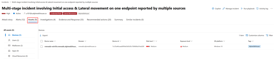 The Assets page for an incident in the Microsoft Defender portal