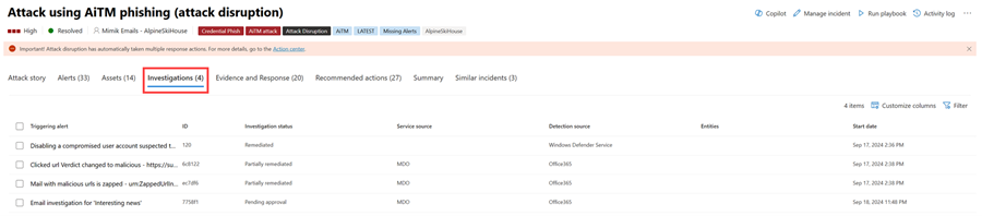 The Investigations page for an incident in the Microsoft Defender portal