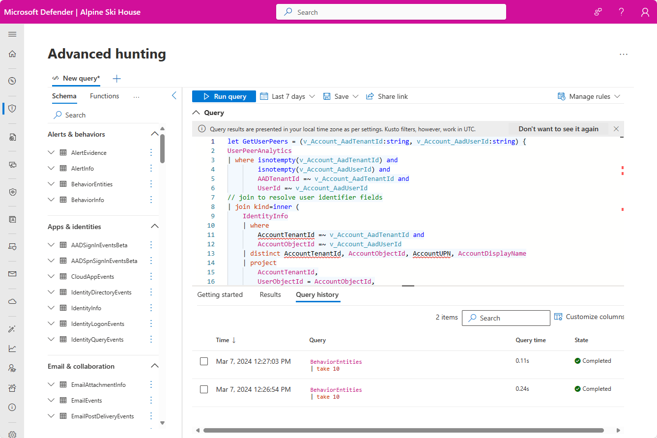 Screenshot of Advanced hunting screen with insight query.