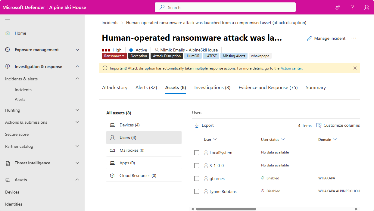 Screenshot of the Users page for an incident in the Microsoft Defender portal.