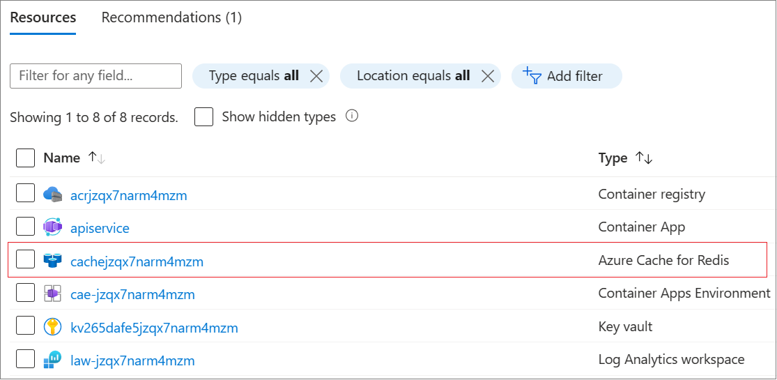 A screenshot showing the deployed Azure Cache for Redis.