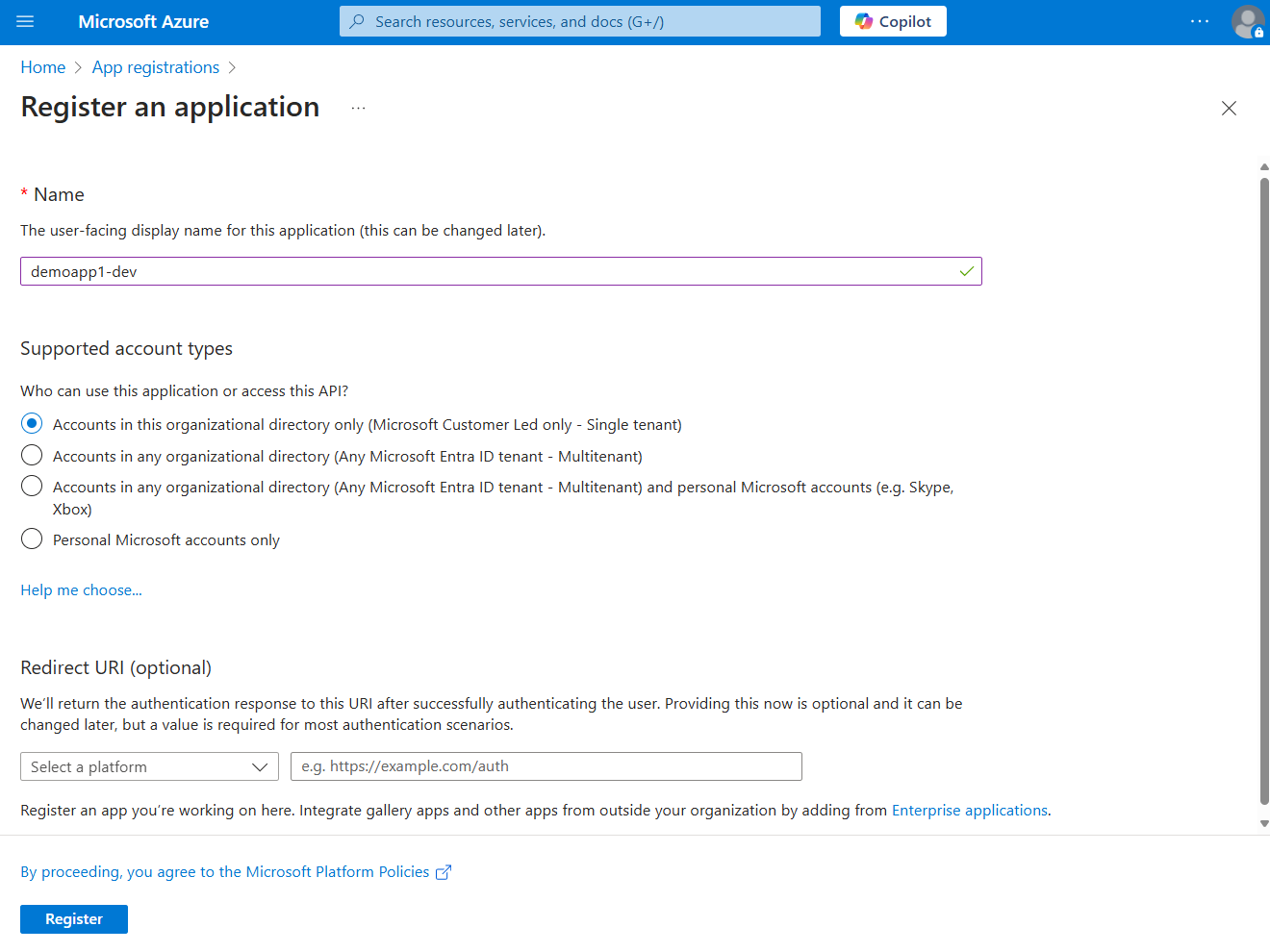 A screenshot showing how to create an app registration in the Azure portal.