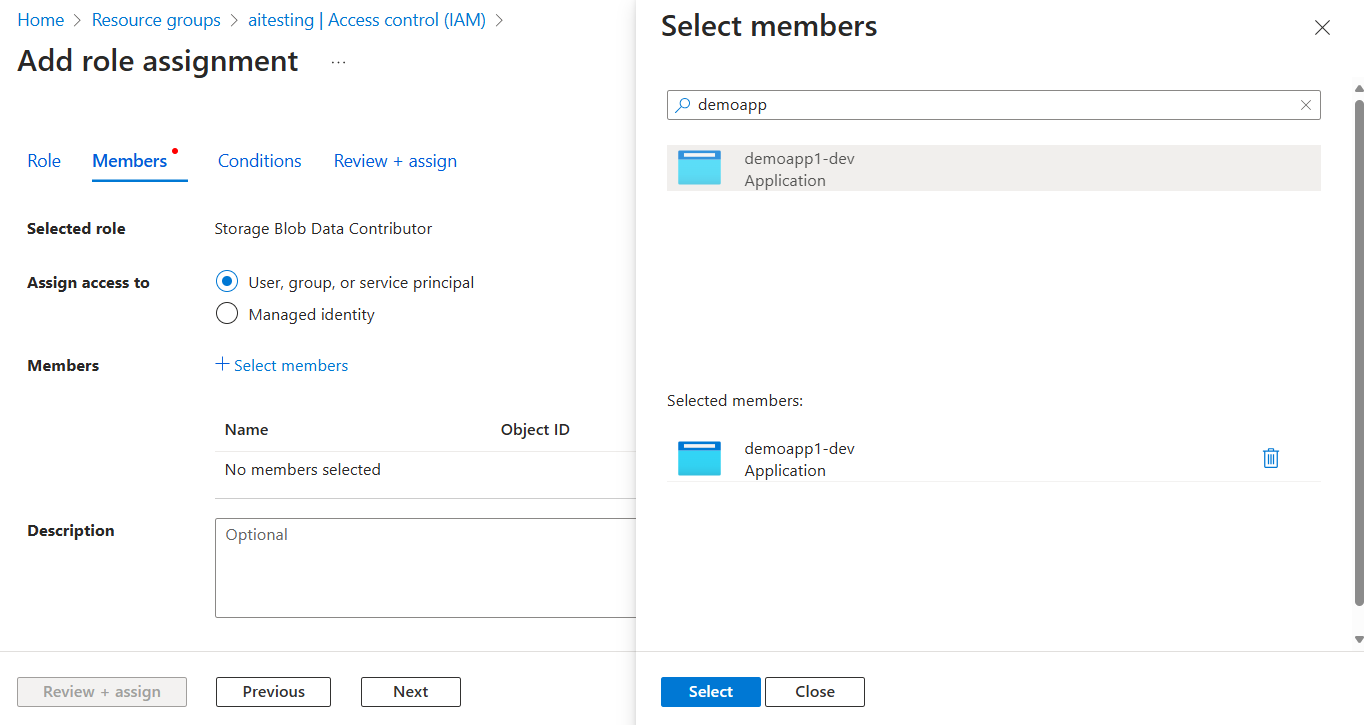 A screenshot showing how to assign a role to the service principal.