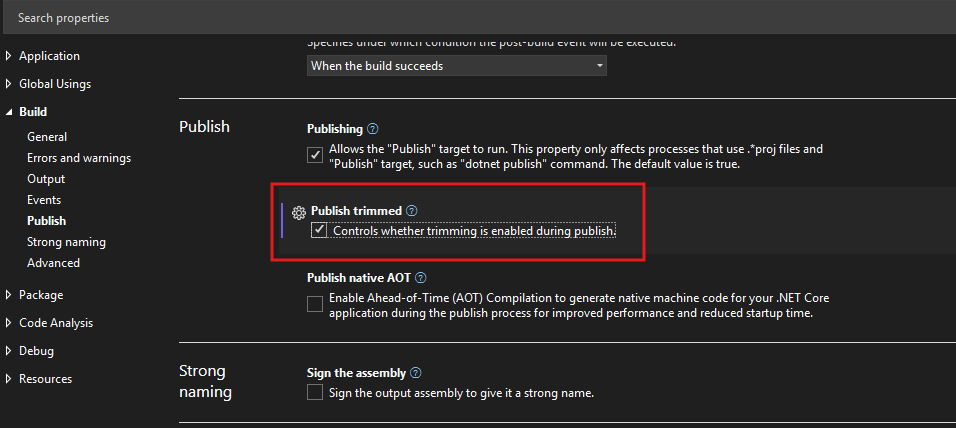 Visual studio publish page with Publish Trimmed selected.