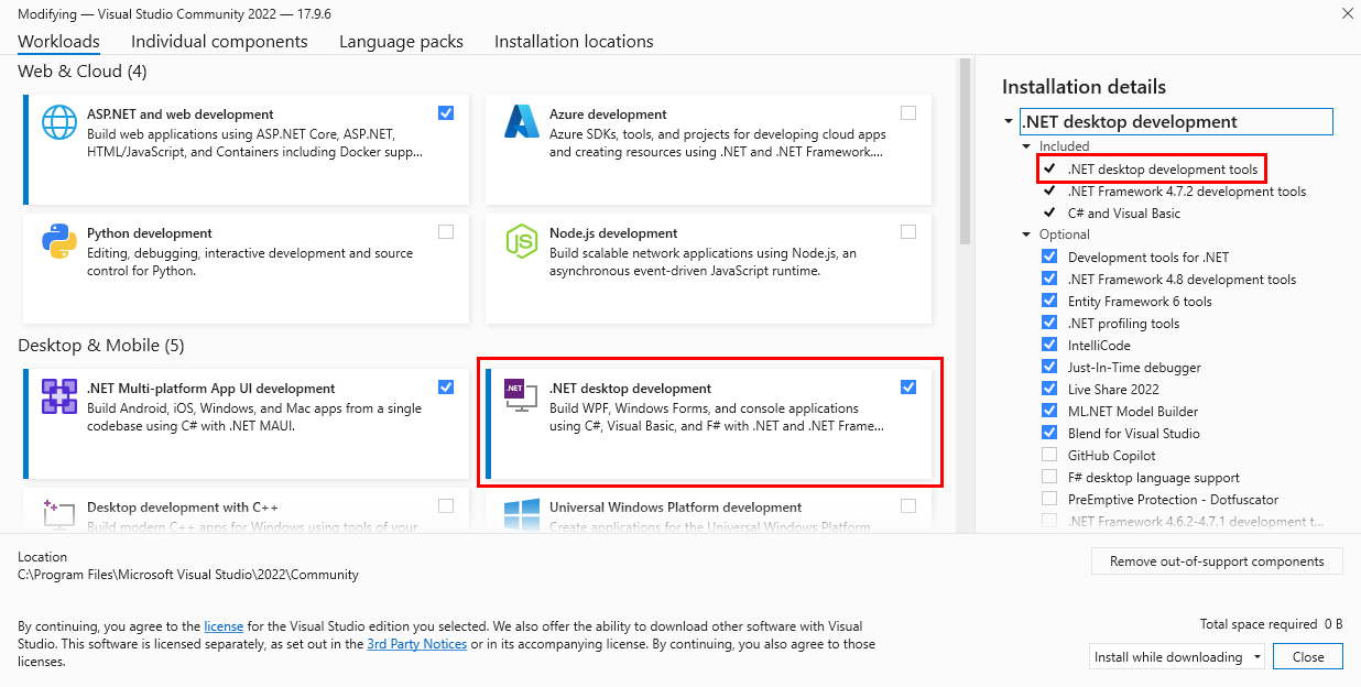 A screenshot that shows Visual Studio Installer with the .NET Desktop workload highlighted with a red box.