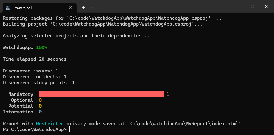 A terminal showing the results of the analysis command when using the .NET Upgrade Assistant Global Tool.