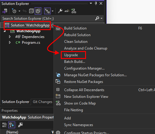 The Solution Explorer window in Visual Studio, showing the right-click menu of the solution. The Upgrade menu item is highlighted.