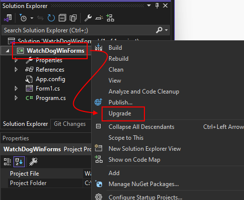 The Solution Explorer window in Visual Studio, showing the right-click menu of a project. The Upgrade menu item is highlighted.