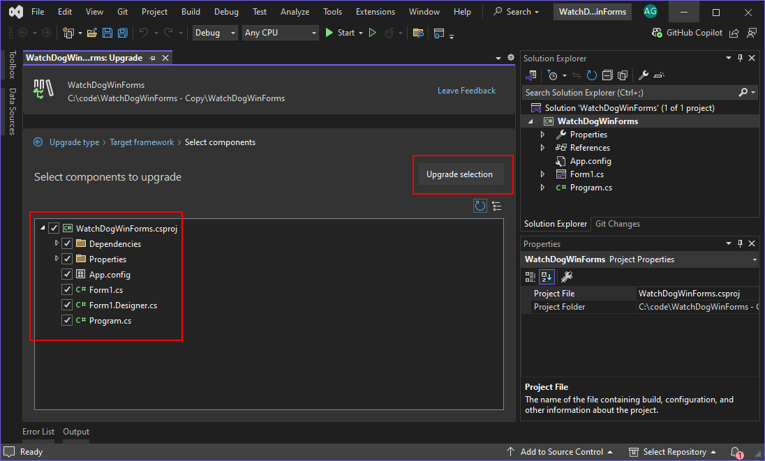 The .NET Upgrade Assistant wizard showing the 'Select components to upgrade' selection. The list of components is highlighted, as is the 'Upgrade selection' button.