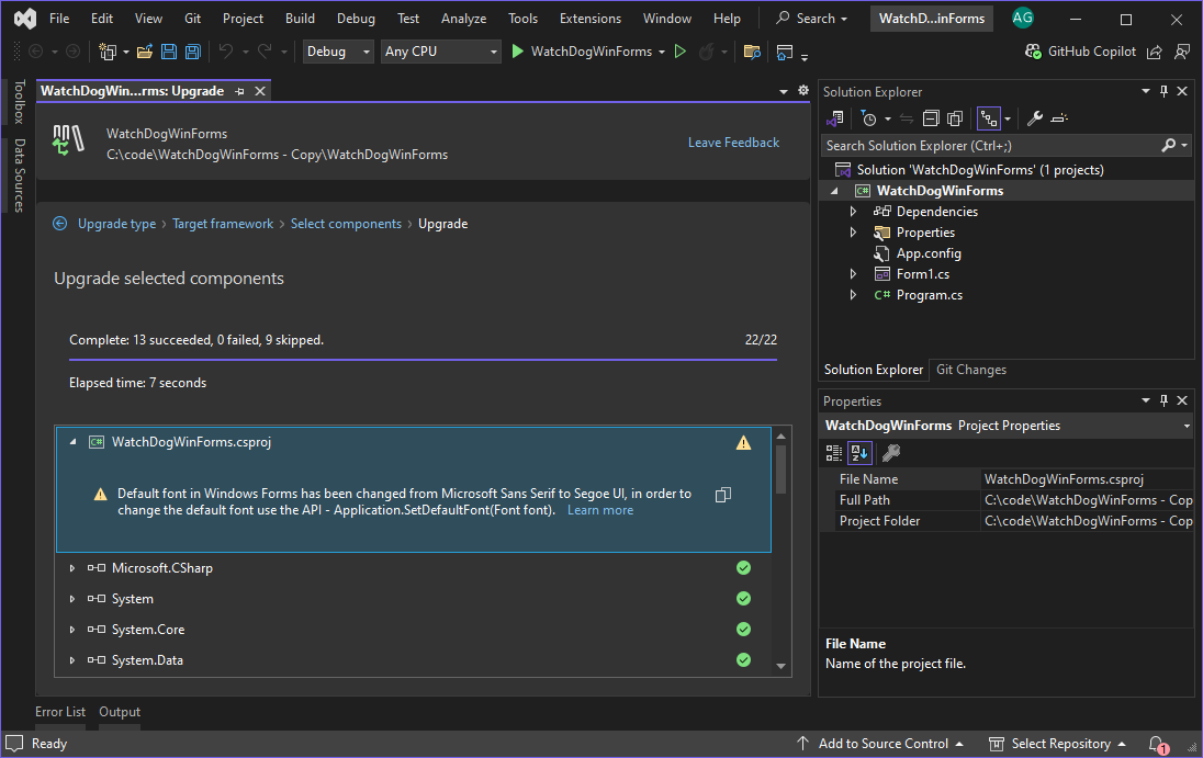 The .NET Upgrade Assistant's Upgrade results tab in Visual Studio.