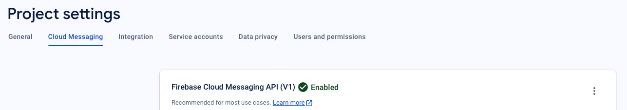 Screenshot confirming that Firebase Cloud Messaging V1 is enabled.