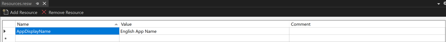 Screenshot of the resw file editor in Visual Studio on Windows.