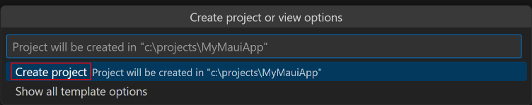 Screenshot of creating a new project in the command palette in Visual Studio Code.