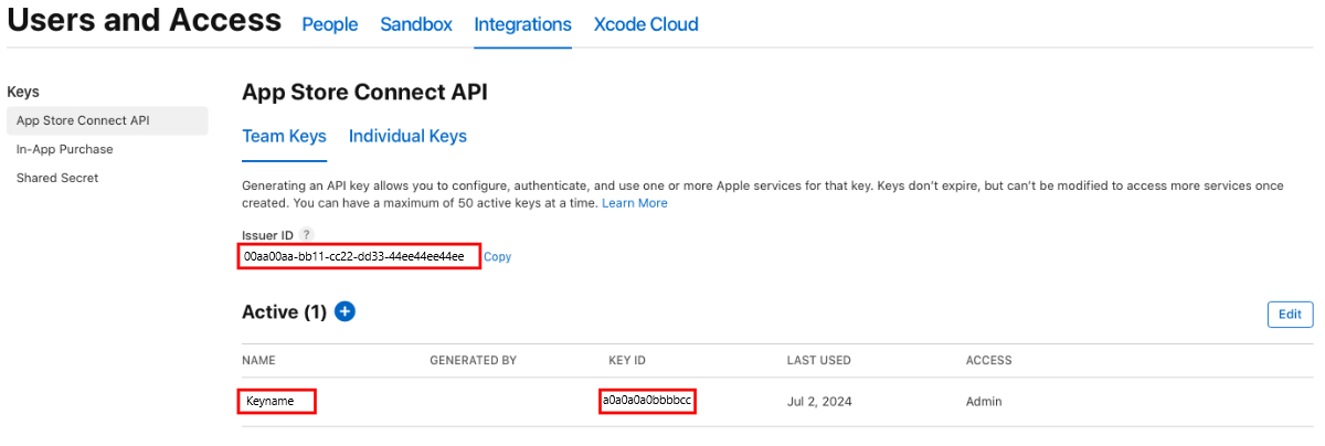 Screenshot of Apple App Store Connect API details.